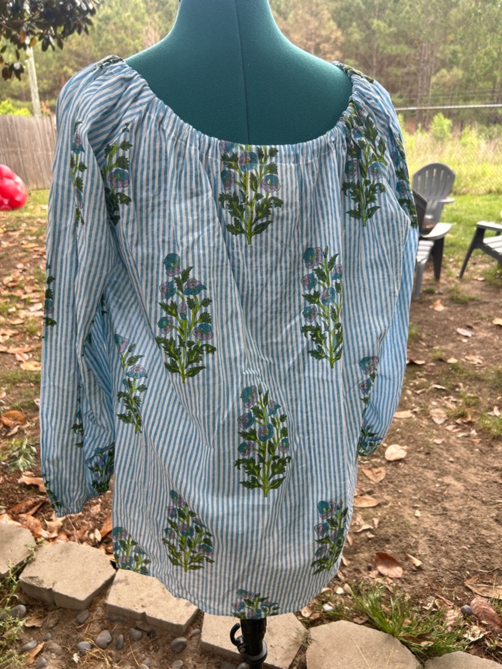 SZ Blockprints Blue Striped Floral Cotton Peasant Blouse - Picture 5 of 6
